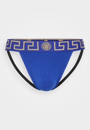 Blue men's brief with a black elastic waistband featuring a gold Greek key pattern and emblem, made from soft, stretchable fabric.