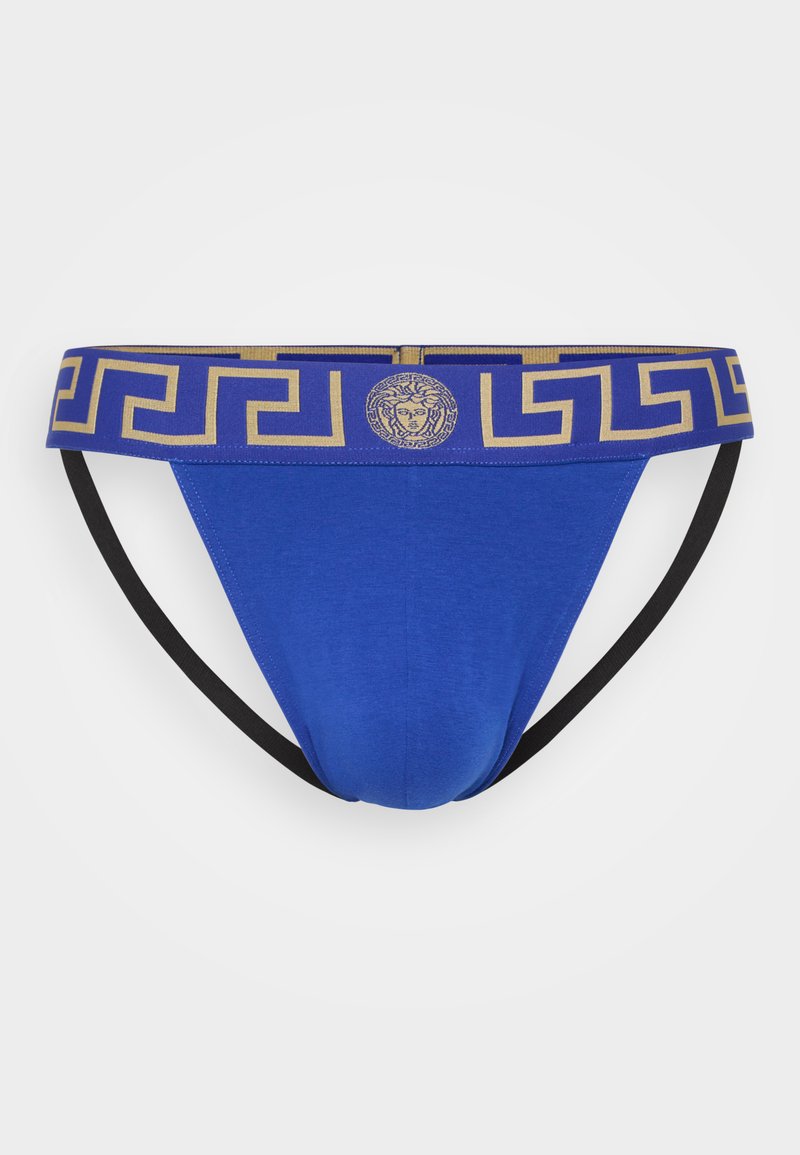 Blaue Herrenunterwäsche mit einem schwarzen Elastikbund, der ein goldenes griechisches Schlüsselmotiv und Emblem aufweist, aus weichem, dehnbarem Stoff gefertigt.
