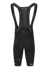 Schwarze Radsport-Bib-Shorts mit Netzträgern, gepolstertem Sitz und einem Herzschlaglinien-Design in Weiß am unteren Rand. Feuchtigkeitsableitender Stoff.