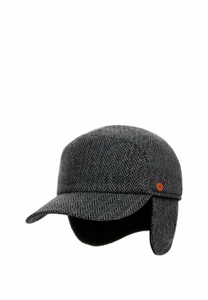 Dark grey herringbone winter cap with ear flaps and a curved brim, featuring a small round red and yellow logo on the side.