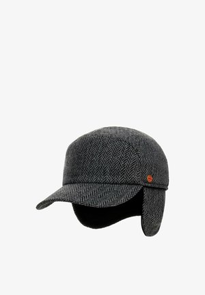 Dark grey herringbone winter cap with ear flaps and a curved brim, featuring a small round red and yellow logo on the side.