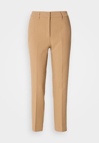 Tan tailored trousers made of smooth fabric, featuring a flat front, belt loops, and two side pockets; slim fit with a straight leg design.