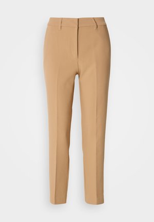 Tan tailored trousers made of smooth fabric, featuring a flat front, belt loops, and two side pockets; slim fit with a straight leg design.