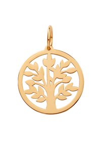 Złoty wisiorek w kształcie okręgu z wyciętym wzorem liścia, gładką powierzchnią i uchwyt dla łatwego przymocowania.