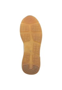 Semelle de chaussure en caoutchouc avec un motif texturé et rainuré de couleur brun clair. Présente un talon arrondi et des lignes distinctes pour l'adhérence.