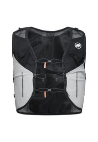 Running vest, black and grey, with mesh back, elastic cords, and zippers on sides for storage. Features logo and adjustable straps.