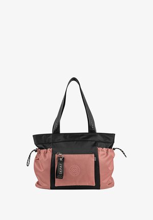 Bolso tote negro y rosa con diseño de doble tela, que incluye un bolsillo frontal con cremallera y laterales ajustables con cordón. Asas negras.