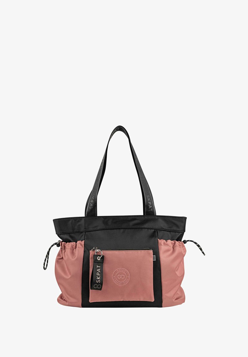 Bolso tote negro y rosa con diseño de doble tela, que incluye un bolsillo frontal con cremallera y laterales ajustables con cordón. Asas negras.