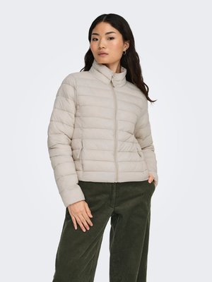 Light beige puffer jacket with a high collar and contrasting zipper. Features horizontal quilted patterns and elastic cuffs.