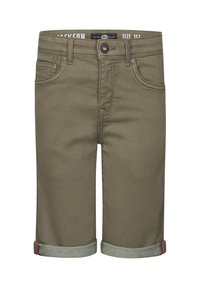 Pantalones cortos de algodón verde con puños enrollados, diseño de cinco bolsillos y cierre de botón. La etiqueta de tamaño dice 152.