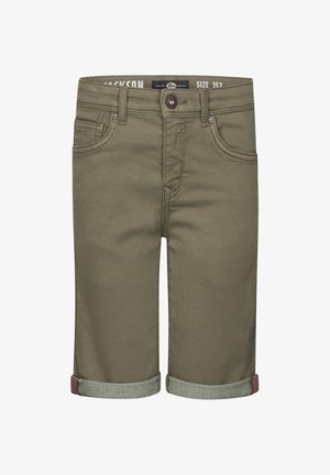 Zielone bawełniane szorty z podwiniętymi mankietami, pięcioma kieszeniami i zapięciem na guzik. Metka rozmiaru podaje 152.