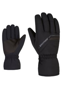Black thermal gloves with a textured brown palm, elastic wrist, and reflective accent on the back, designed for warmth and grip.
