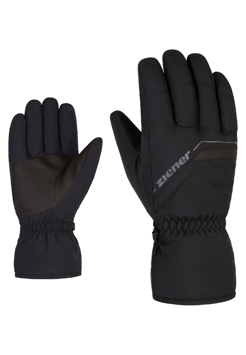 Black thermal gloves with a textured brown palm, elastic wrist, and reflective accent on the back, designed for warmth and grip.