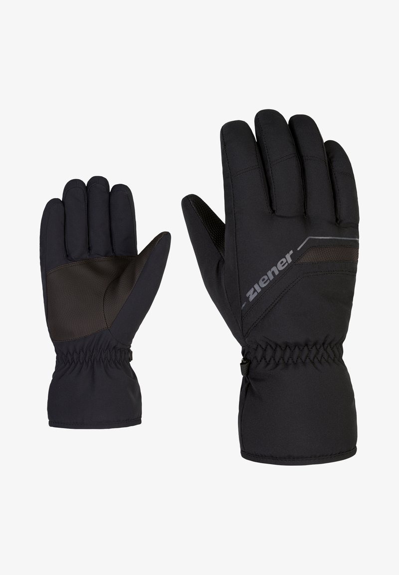 Black thermal gloves with a textured brown palm, elastic wrist, and reflective accent on the back, designed for warmth and grip.