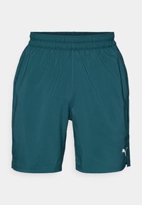 Teal sportshorts med elastisk liv, sidespalter og en liten hvit logo nederst foran. Laget av lett og glatt materiale.