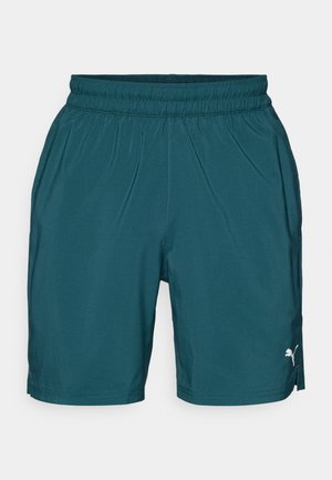Mėlynos sportinės šortai su elastinga juosmens juosta, šoninėmis plyšiais ir maža balta logo apatiniame priekyje. Pagaminti iš lengvos, glotnios medžiagos.