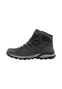 Scarpe da trekking nere con colletto alto, parte superiore in suede e mesh testurizzato, punta rinforzata e suola in gomma con profonde scanalature per la trazione.