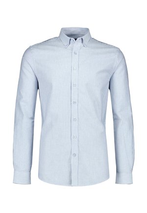 Herenoverhemd met lange mouwen, knopen, lichtblauwe en witte verticale strepen en een button-down kraag.