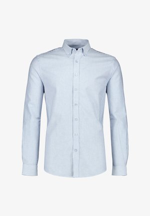 Herenoverhemd met lange mouwen, knopen, lichtblauwe en witte verticale strepen en een button-down kraag.