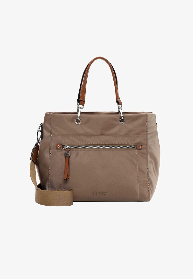 Taupe värvi käekott pruunide nahast sangade, eesmise tõmblukuga tasku ja eemaldatava õlarihmaga, millel on väike metalliklogoga plaadikene.