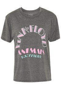 Szara koszulka z miękkiego materiału z retro wzorem. Na tkaninie widnieje tekst "Pink Floyd", "Animals" i "U.S. '77 Tour" w kolorowym druku.