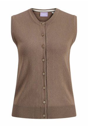 Brūns piedurkņu trikotāžas kardigans bez piedurknēm ar apaļu izgriezumu, krūšu daļā ar pogām, ribainu apakšmalu un JJXX zīmola etiķeti uz iekšējā apkakles.