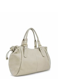 Sac à main en cuir beige avec deux poignées supérieures, détails en métal doré, design souple et détails froncés sur le côté.