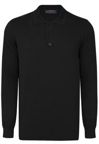 Czarna koszulka polo z długim rękawem, wykonana z dzianiny, z trzema guzikami oraz ściągaczowym kołnierzykiem i mankietami. Prosty, jednolity design.