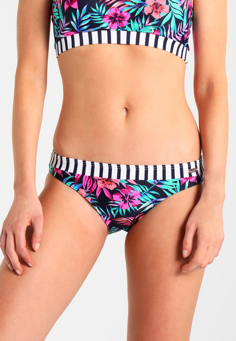 Bikini-Set mit einem Cropped-Top im tropischen Blumenmuster in Pink und Türkis, kombiniert mit Bikini-Höschen mit gestreiftem Hüftbund.