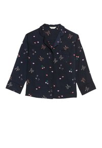 Mörkblå pyjamaskjorta med långa ärmar, mjukt tyg, ficka och flerfärgad tryckt design av läppar, hjärtan och körsbär.