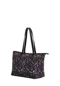 Reusable tote bag in black fabric with colorful floral pattern. Features sturdy black straps and a zipper closure for secure storage.