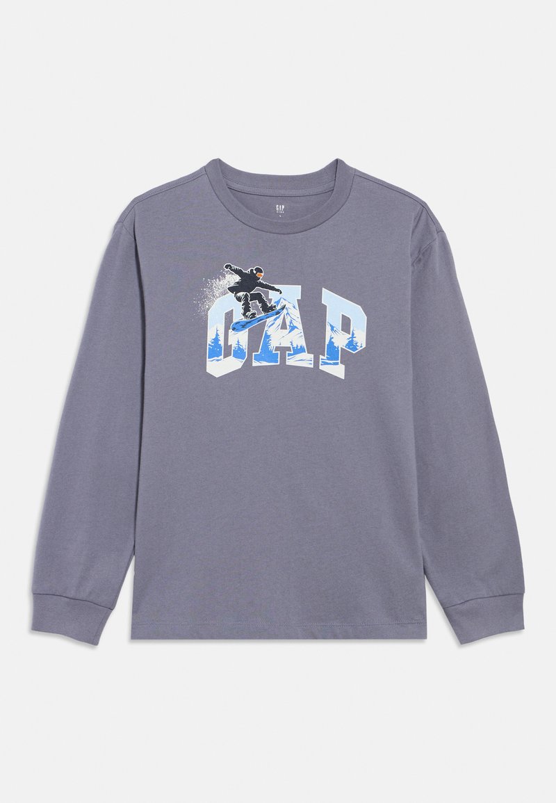 Γκρι βαμβακερό μπλουζάκι με μακριά μανίκια, που φέρει γραφικό ενός snowboarder και τη λέξη «GAP» σε μπλε και άσπρο, με ριμπ μανσέτες.
