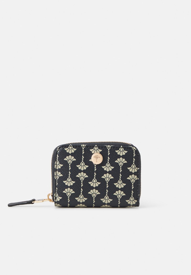 Černá kožená peněženka s květinovým vzorem v jemně zelené barvě. Zipové uzavření, kovové detaily ve zlatém odstínu, kompaktní obdélníkový tvar a texturovaný povrch.