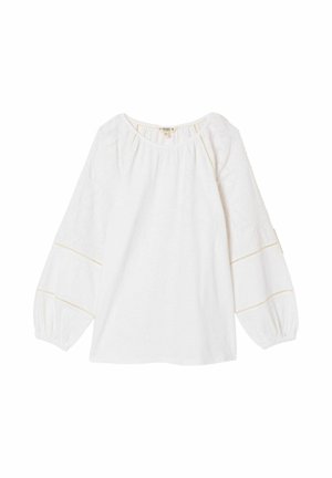 Hvid bluse med rund halsudskæring, elastiske ballonærmer, broderede detaljer på ærmerne og guldbroderi som accenter.