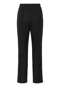 Melnas bikses ar spīdīgu, strukturētu virsmu. Elastīga jostasvieta, taisnas bikses kājas, bez redzamām kabatām vai rotājumiem.