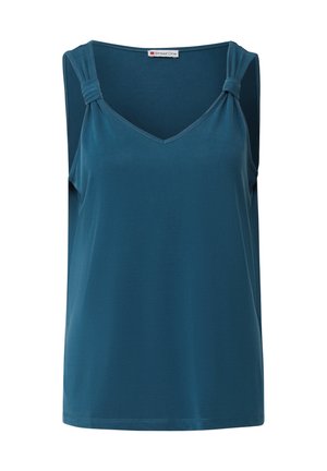 Tyrkysová bezrukávová blůza s výstřihem do V a uzlovými detaily na ramínkách. Vyrobena z hladkého, lehkého materiálu, s volným střihem.