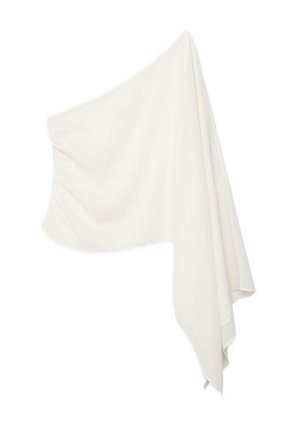 Asymmetrische witte stof met één brede, gedrapeerde mouw, een gladde textuur en een losse pasvorm.
