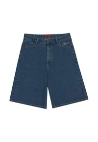 Shorts en denim bleu foncé, avec une taille mi-haute, un bouton pression, des poches avant et un logo brodé sur le côté gauche.