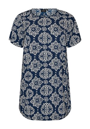 Marineblaue Bluse mit kurzen Ärmeln, weißem, filigranem geometrischem und floralem Muster, rundem Ausschnitt und lockerem Schnitt.