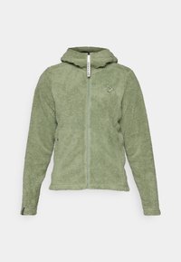 Groene fleecejack met rits, met een zachte, textuur oppervlakte, capuchonontwerp en een klein logo op de borst. Voorzien van zijzakken.