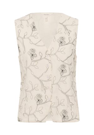 Sleeveless vest in cream linen with black floral embroidery. Features a V-neck and buttons down the front. Textured surface with visible stitching.
