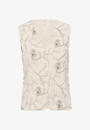 Ärmklänning i krämfärgad lin med svart blommönsterbroderi. Har en V-halsringning och knappar fram. Texturerad yta med synlig sömnad.