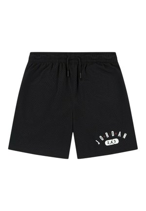 Zwarte sportshorts van gaas met elastische tailleband en trekkoord, met "JORDAN 23"-logo op het linkeronderbeen.