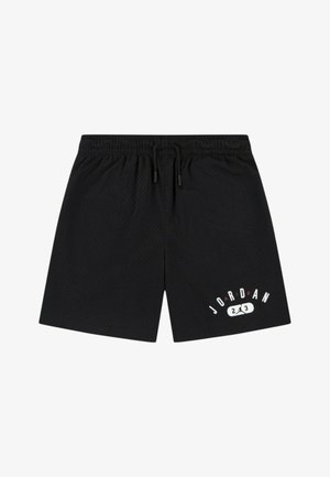 Shorts de sport en mesh noir avec taille élastique et cordon de serrage, arborant le logo "JORDAN 23" sur le bas de la jambe gauche.