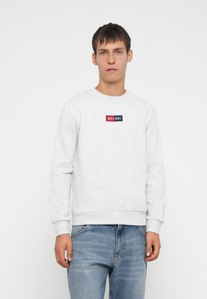 Ung mann iført lys grå genser med rød og marineblå "JACK & JONES"-logo og blå jeans, står foran en ensfarget hvit bakgrunn.