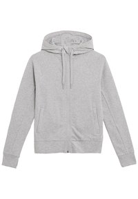 Felpa grigia con zip realizzata in un tessuto morbido. Presenta un cappuccio con cordino, maniche raglan, tasche frontali e polsini ribattuti all'orlo.