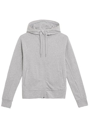 Sweat à capuche zippé gris en tissu doux. Dispose d'une capuche avec cordon de serrage, de manches raglan, de poches avant et de bords côtelés au niveau de l'ourlet.