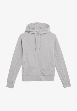 Szara bluza z zamkiem, wykonana z miękkiego materiału. Posiada kaptur ze sznurkiem, rękawy raglanowe, kieszenie z przodu oraz ribbowane mankiety przy dolnej krawędzi.