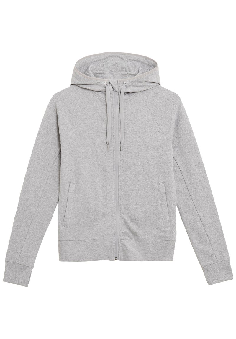 Felpa grigia con zip realizzata in un tessuto morbido. Presenta un cappuccio con cordino, maniche raglan, tasche frontali e polsini ribattuti all'orlo.