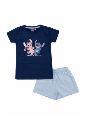 Navyblaues T-Shirt mit den Figuren Angel und Stitch sowie hellblaue Shorts mit elastischem Bund für Kinder.